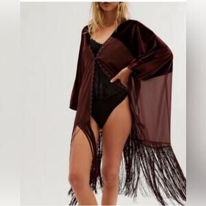 Free People Women’s Velvet Dreams Kimono Fringe Sheer Burgundy All Size